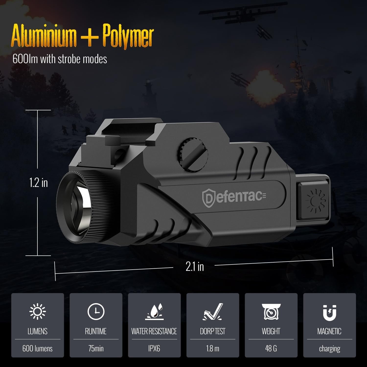 DEFENTAC Pistol Light Strobe Function Guns 600 Lumens Tactical Flashlight New