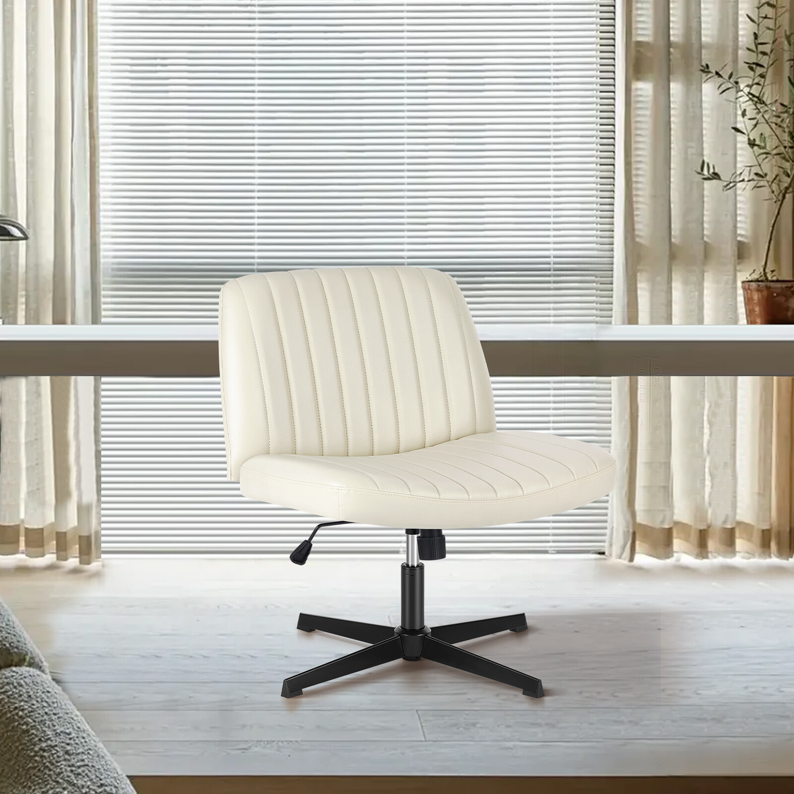 Height Adjustable Armless Cross Legged Office Chair with PU Leather - Wheel-Free