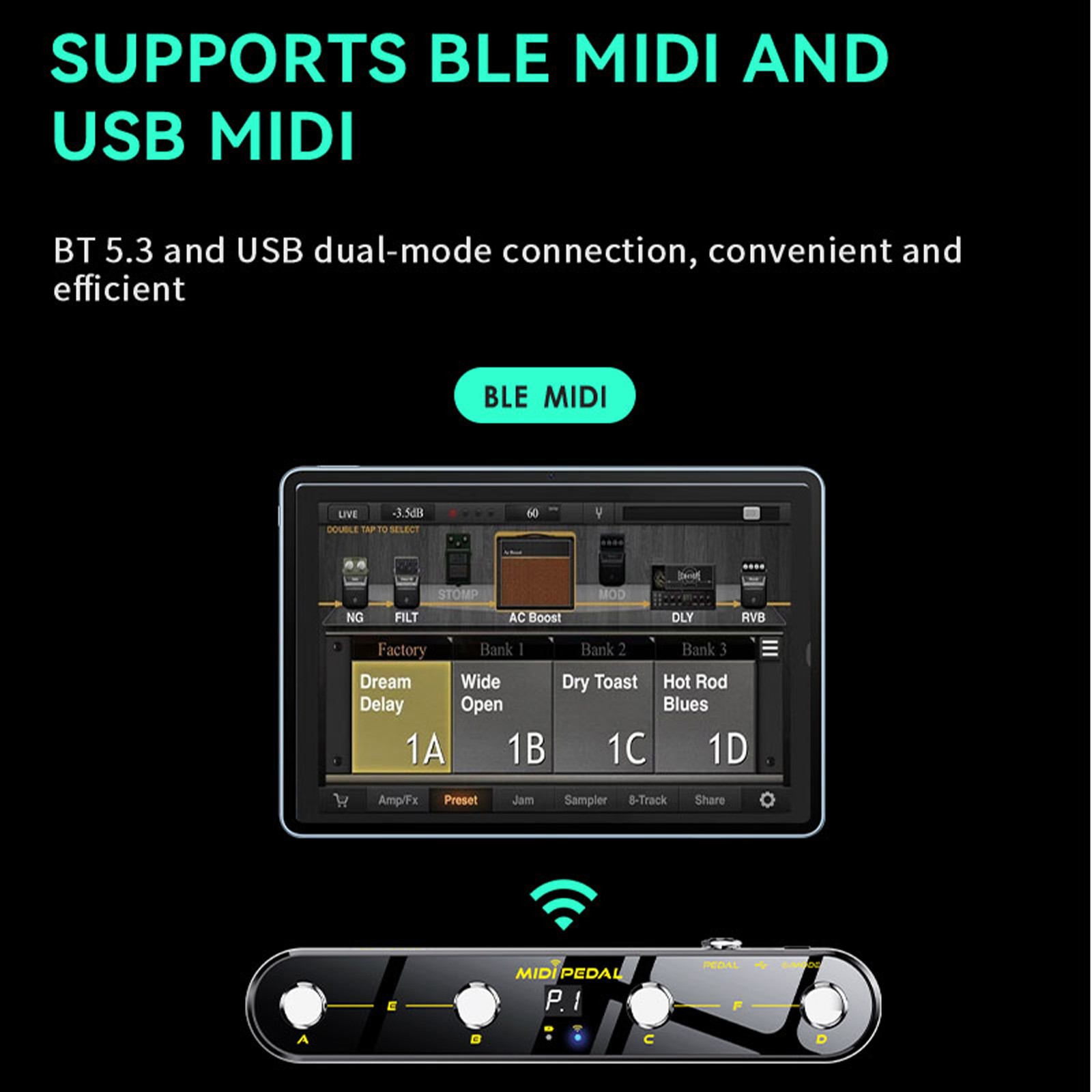 Wireless MIDI Controller Pedal 5 Modes Digital Display For Musicians VTOS