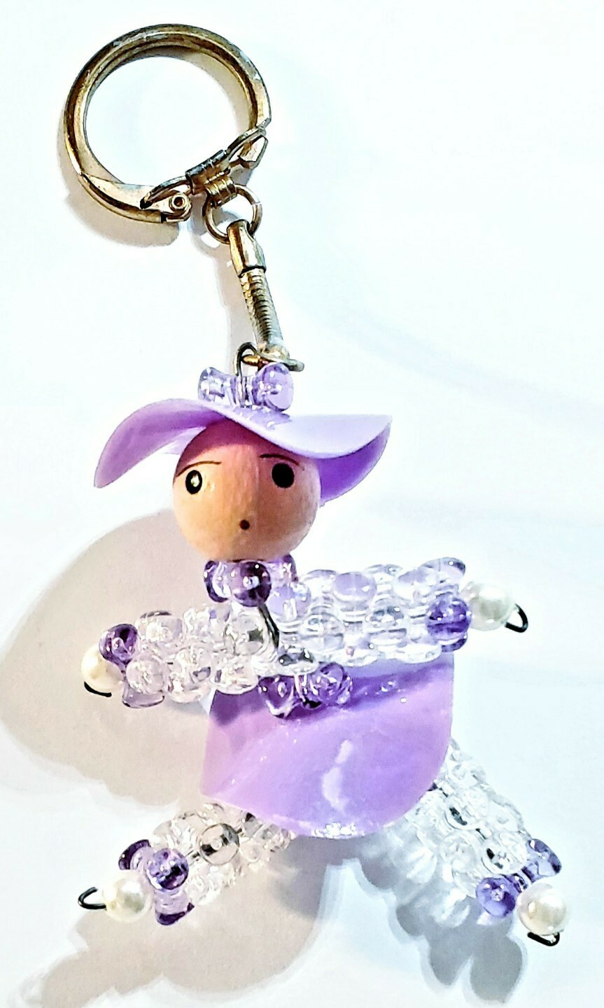 Bead Woman Keychain Purple Hat, Skirt Beads, Wood Face Keyring KeyTag Gift