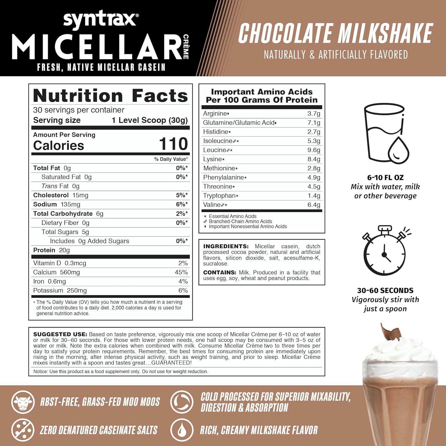 Nutrition Micellar Creme, Native Micellar Casein Chocolate Milkshake 2 LB