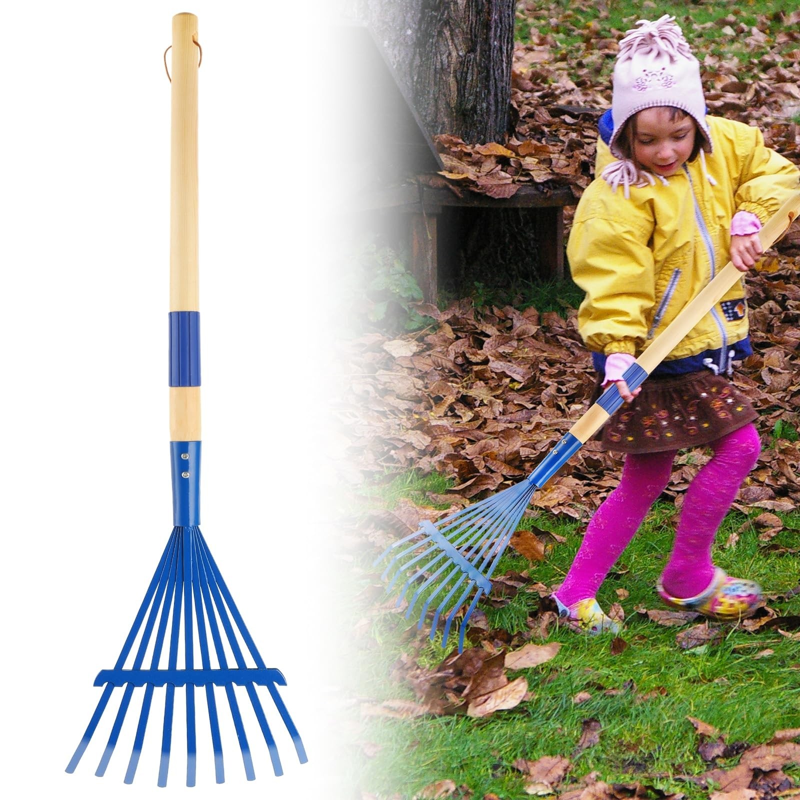 Kids 28" Metal Leaf Rakes with Hardwood Handle  Garden Tool Set for Children
