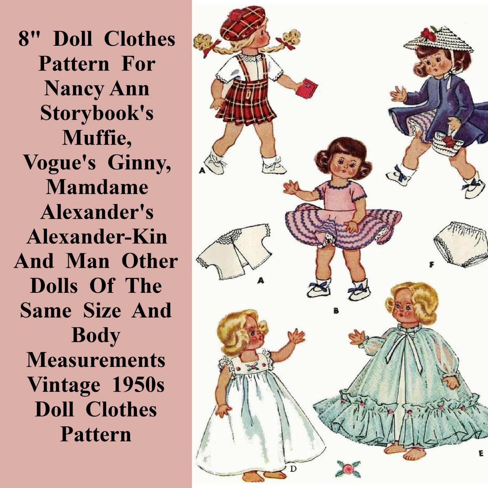 8" Doll Clothes Pattern Muffie, Ginny, Madame Alexander Vintage Sewing Pattern
