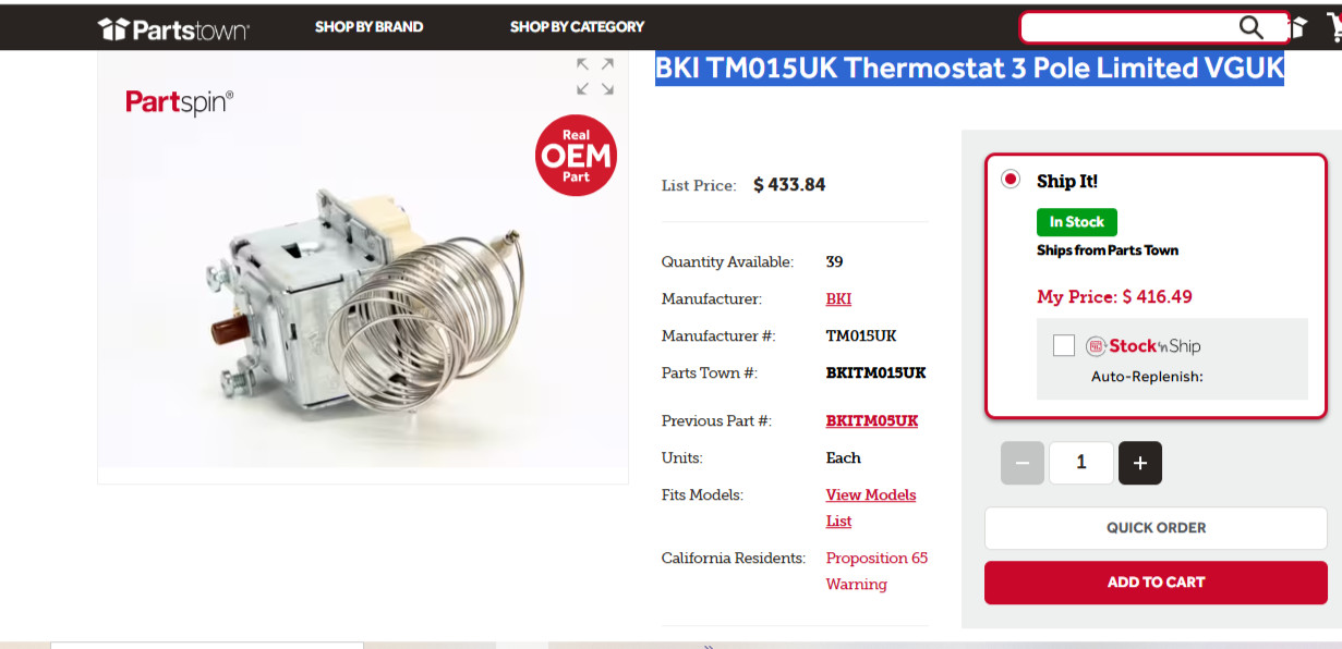 BKI TM015UK Thermostat 3 Pole Limited VGUK