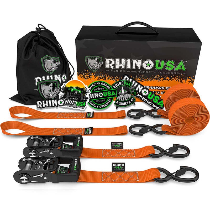 Rhino USA Heavy Duty Ratchet Tie-Downs 2-Pack - 1.6 in x 8 ft, Orange