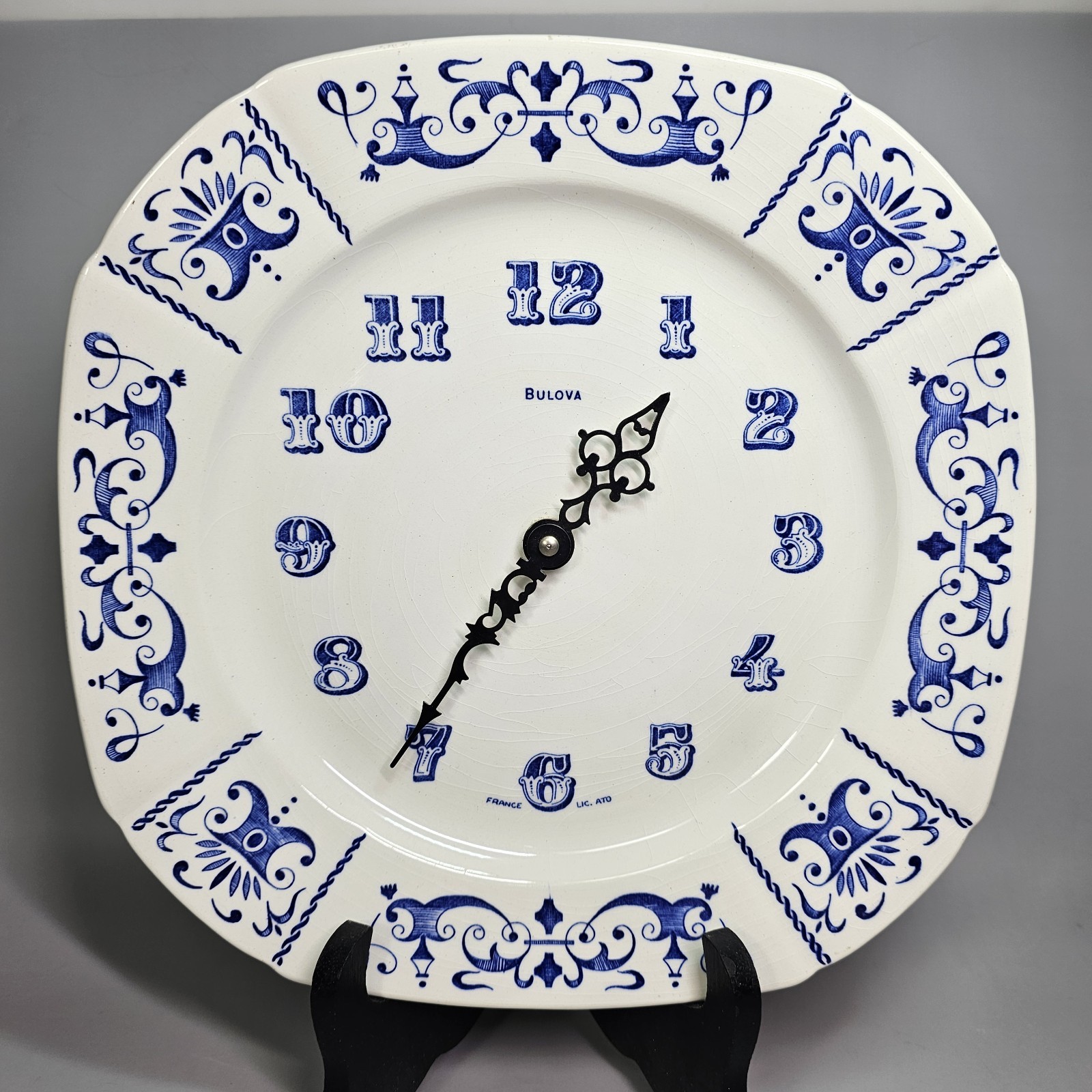Vintage Bulova Wall Clock Blue White Plate Porcelain Gien France Hanging Gallery
