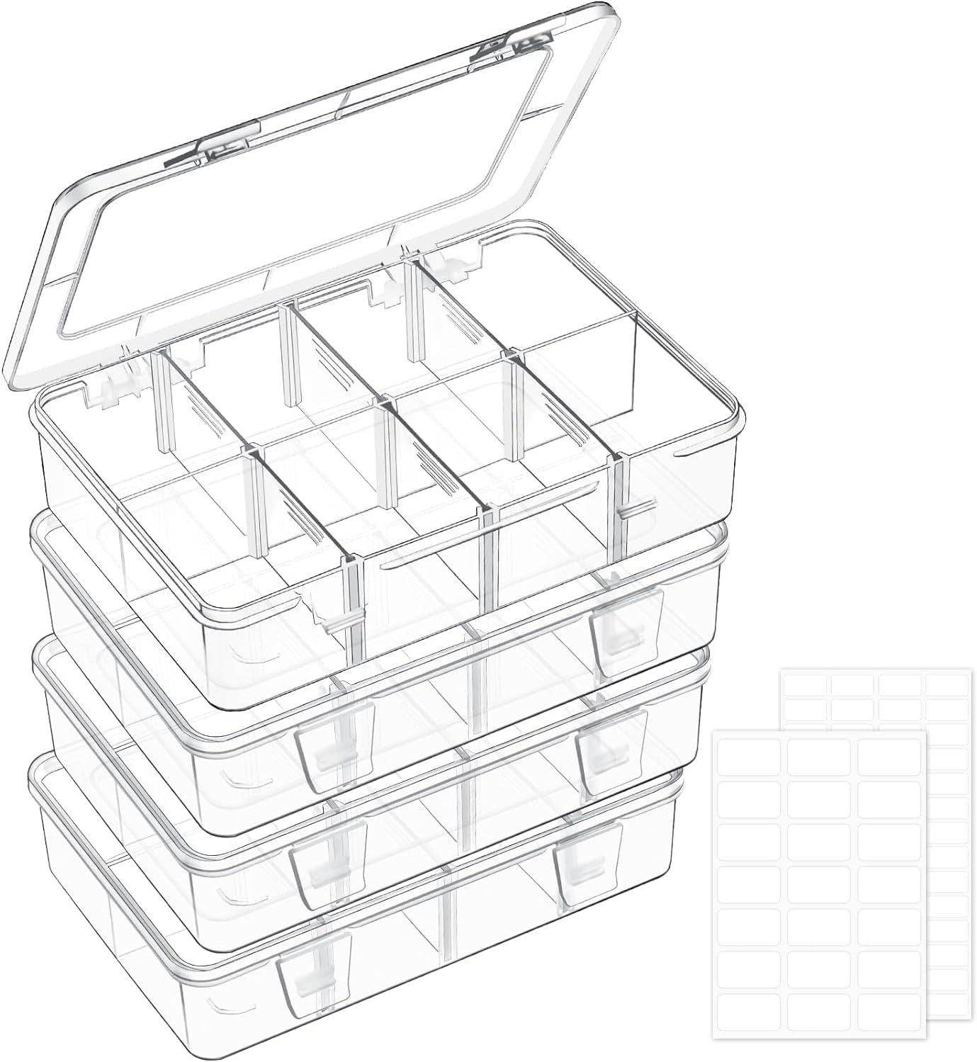 8 Grids Plastic Organizer Box with Adjustable Dividers, 4 Pack | Small Tackle Bo