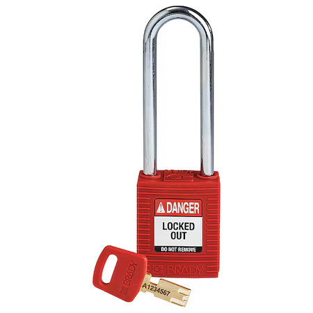Brady Nyl-Red-76St-Kd Lockout Padlock, Keyed Different, Nylon, Red, 3 In