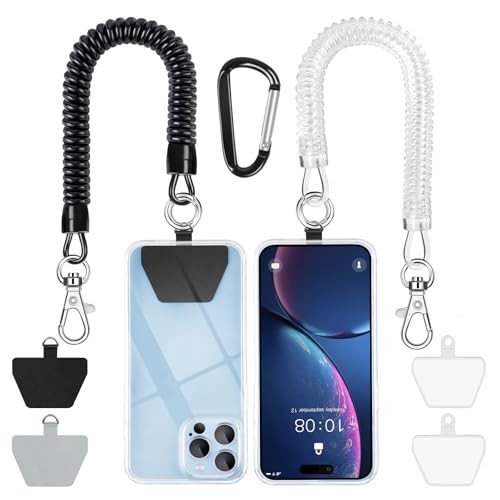 Phone Tether Lanyard, Strong Spring Rope Climbing Hook, 4x Phone Black White