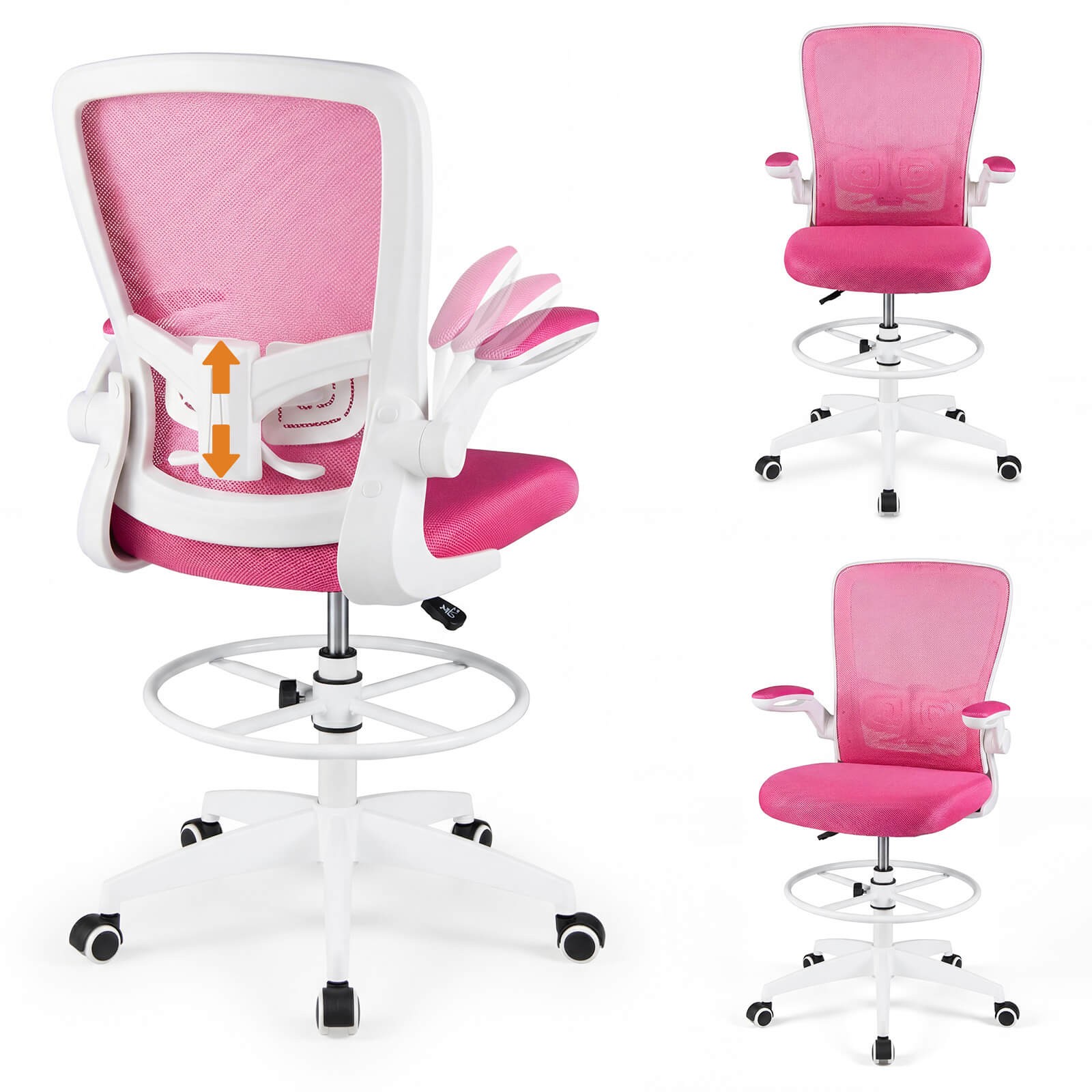 Home Office Drafting Chair w/Flip-Up Armrests Adjustable Footrest Ring for Study