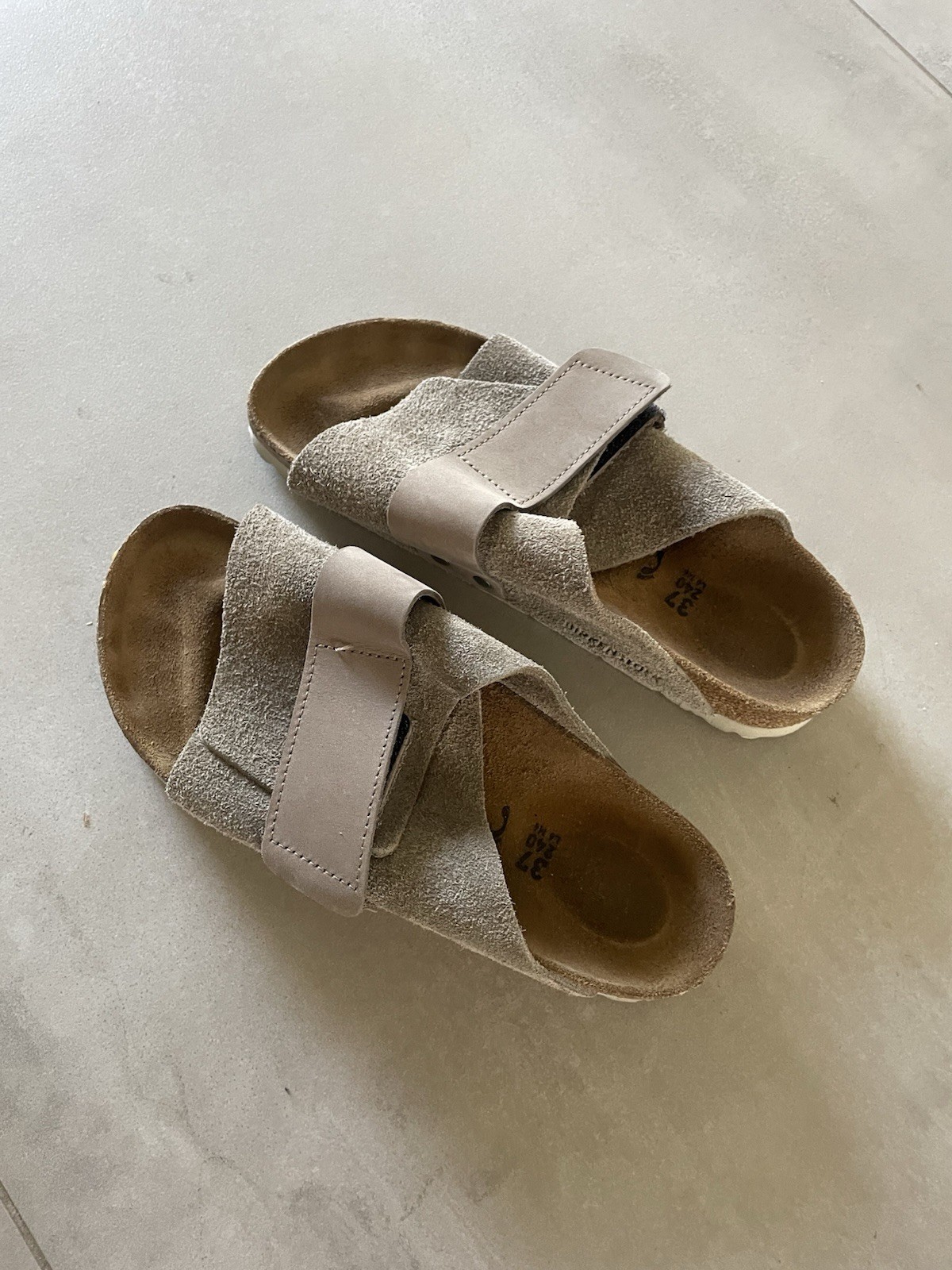 BIRKENSTOCK Women’s Beige Kyoto Nubuck-Suede Leather Slide Sandals Size 37
