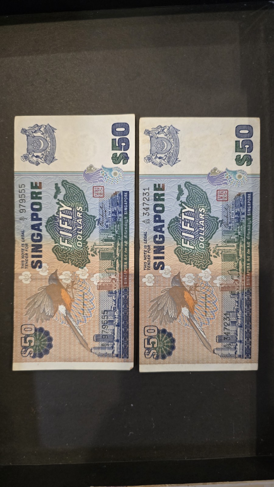 Singapore Bird Series 50$ Notes X 2. 1 B/2 Series & 1 A/99 Series