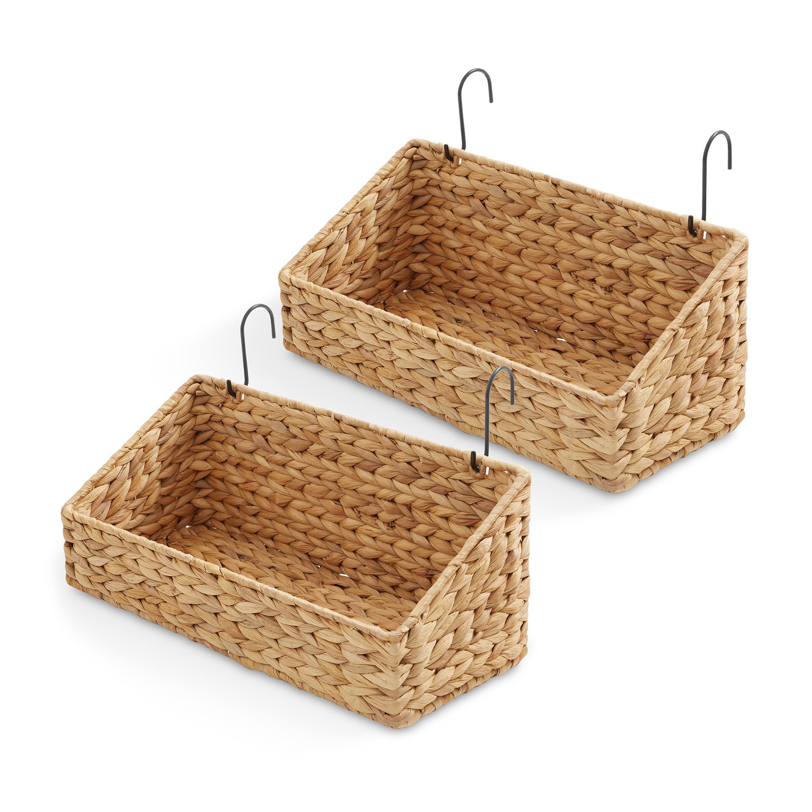 2pk Hanging Baskets with Hooks, Woven Hyacinth Wall Mount Storage Bins, Natural