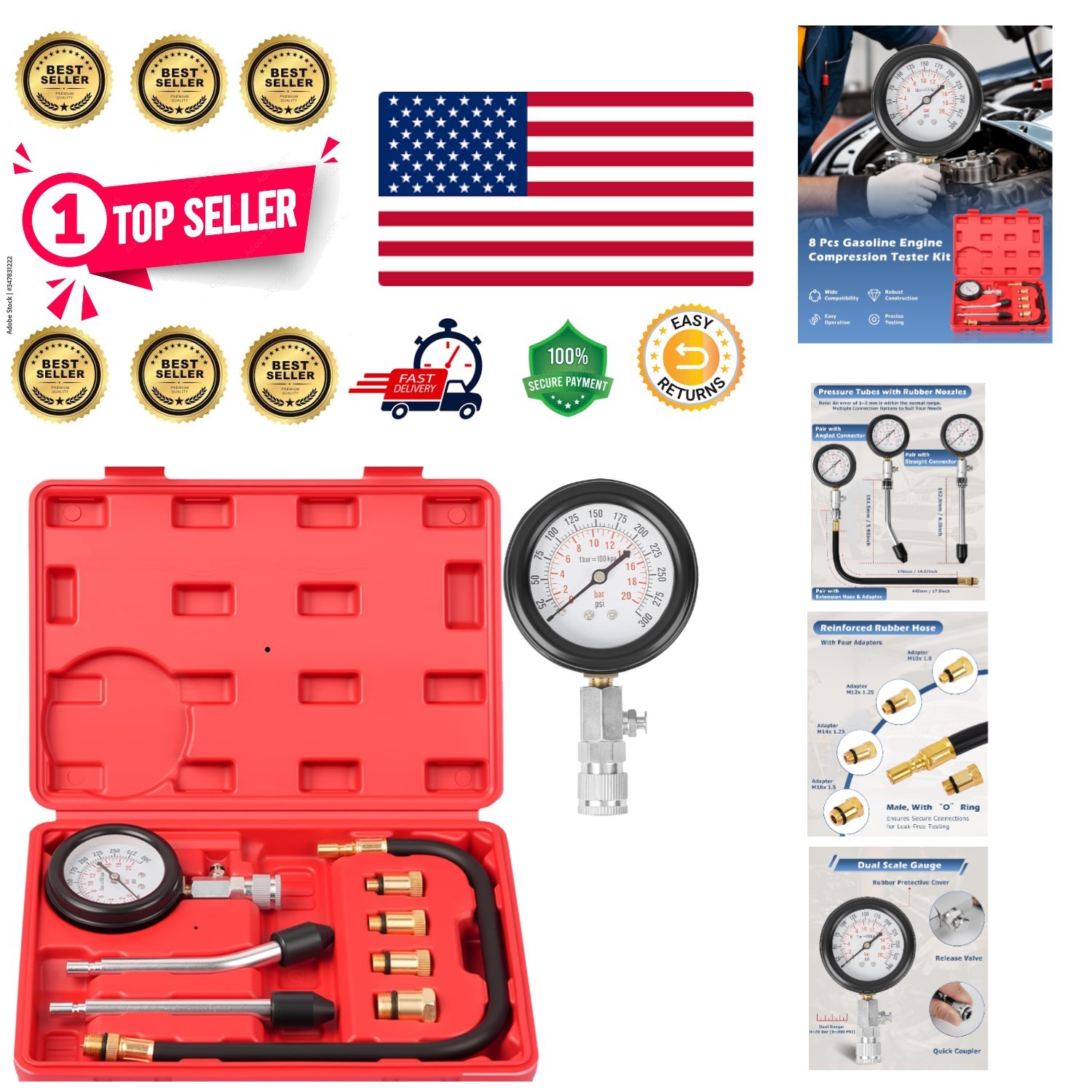 Durable 8-Piece Petrol Engine Compression Tester Kit - Precise Diagnostic Tool
