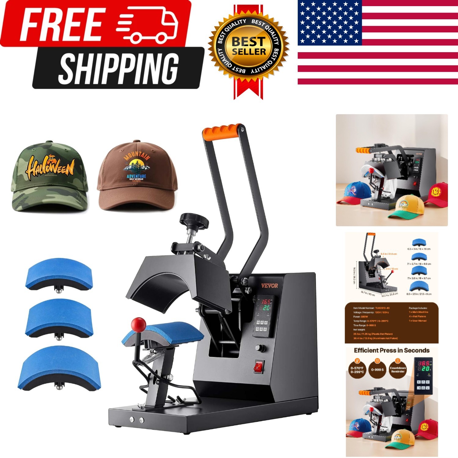 4-in-1 Heat Press Machine for Hats with 6x3inches Curved Teflon-Coated Heat P...