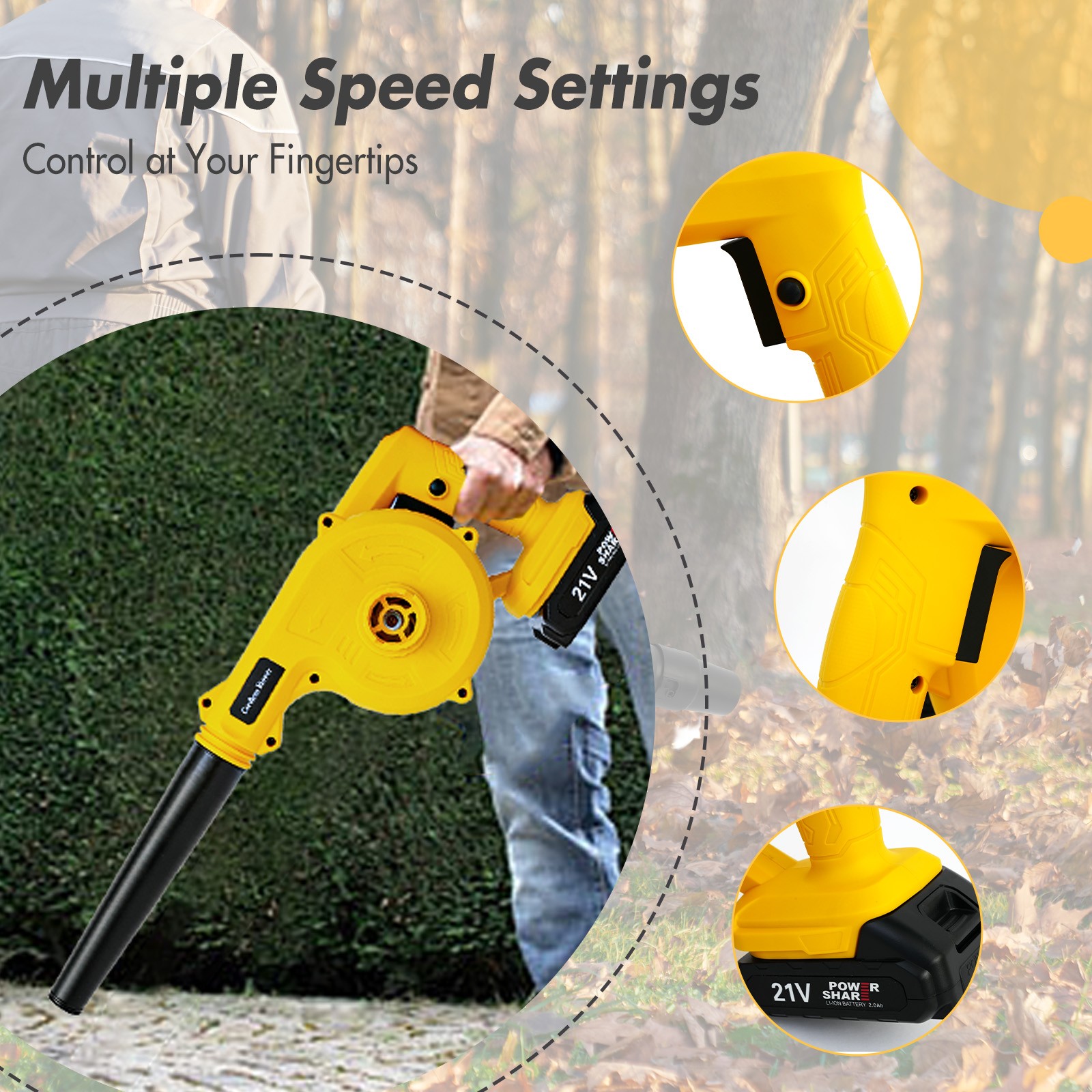 350CFM Cordless Leaf Blower Vacuum Handheld Electric Leaf Blower 2*2.0ah Battery
