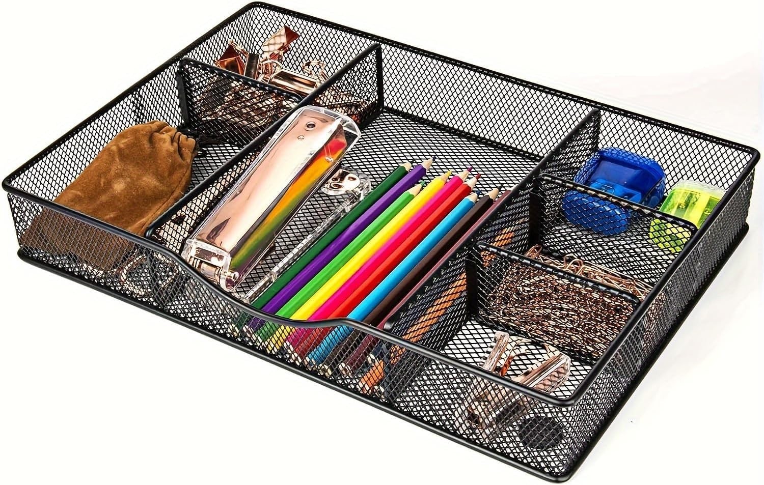 Metal Mesh Desk Drawer Organizer Tray, 6 Adjustable Compartments, Black