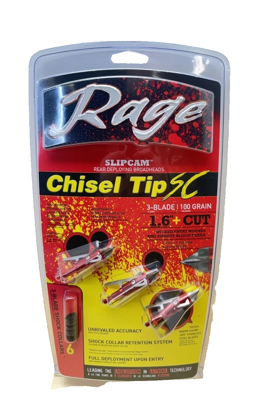 Rage Chisel Tip SC 3-Blade Broadhead 100 Grain 1.6" Cut 3 Pack FREE SHIPPING!