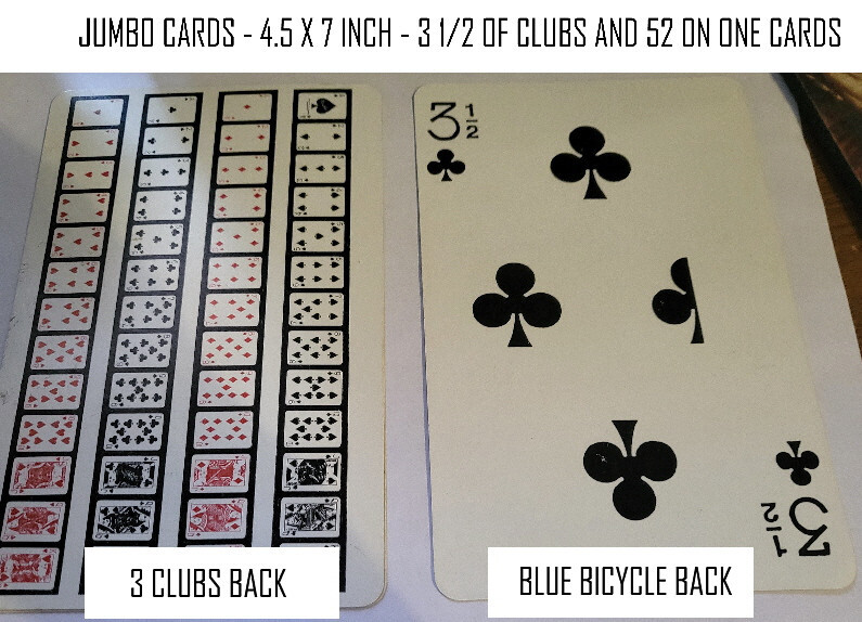 JUMBO CARDS 4.5 X 7 INCHES - 3 1/2 CLUBS AND 52 ON 1 - MAGICIANS UTILITY