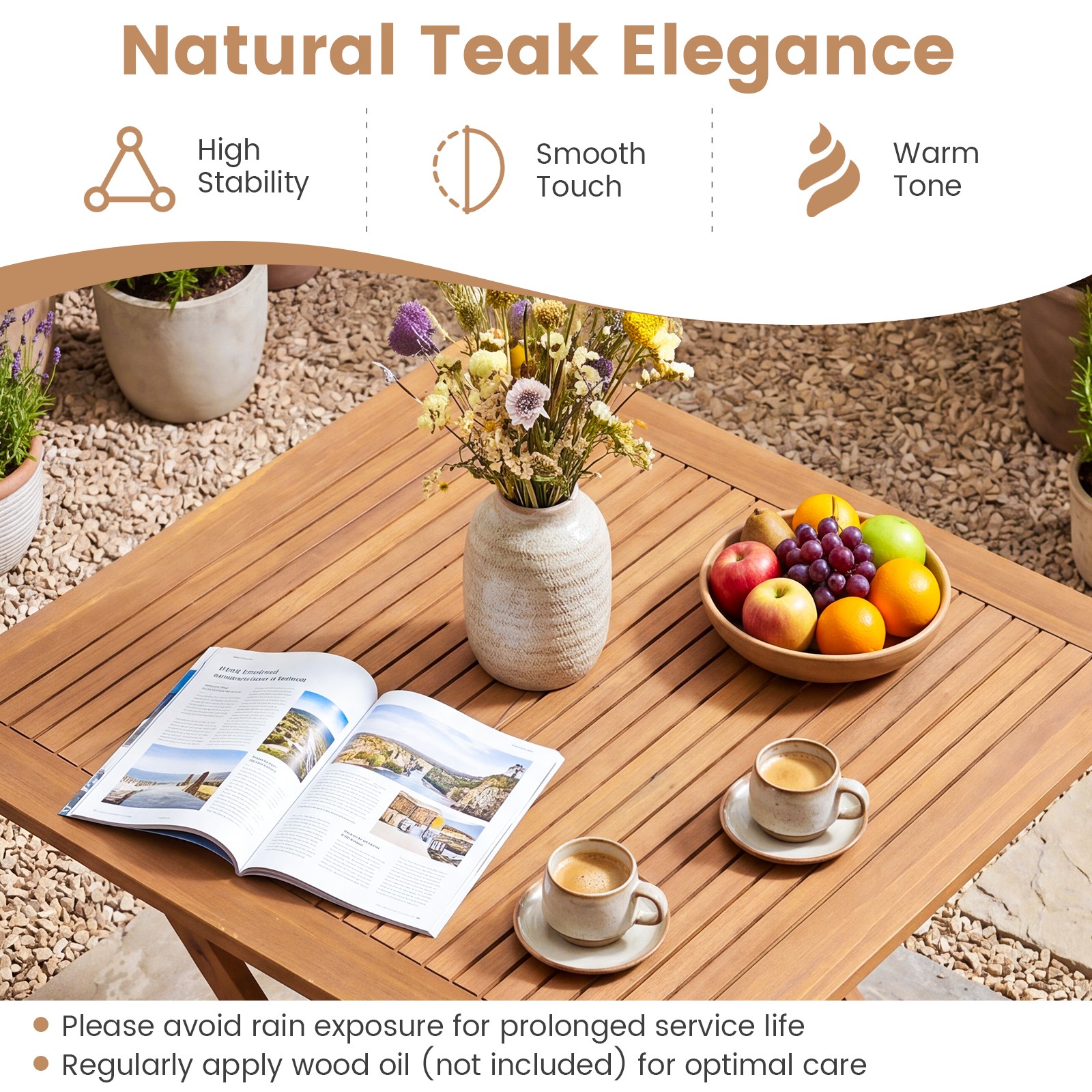 Solid Teak Wood Folding Outdoor Table 32-Inch Square Patio Dining Table for 4