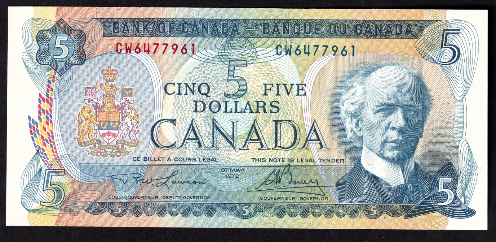 Canada 1972 $5 Five Dollar Banknote Lawson - Bouey CW6477961 UNC
