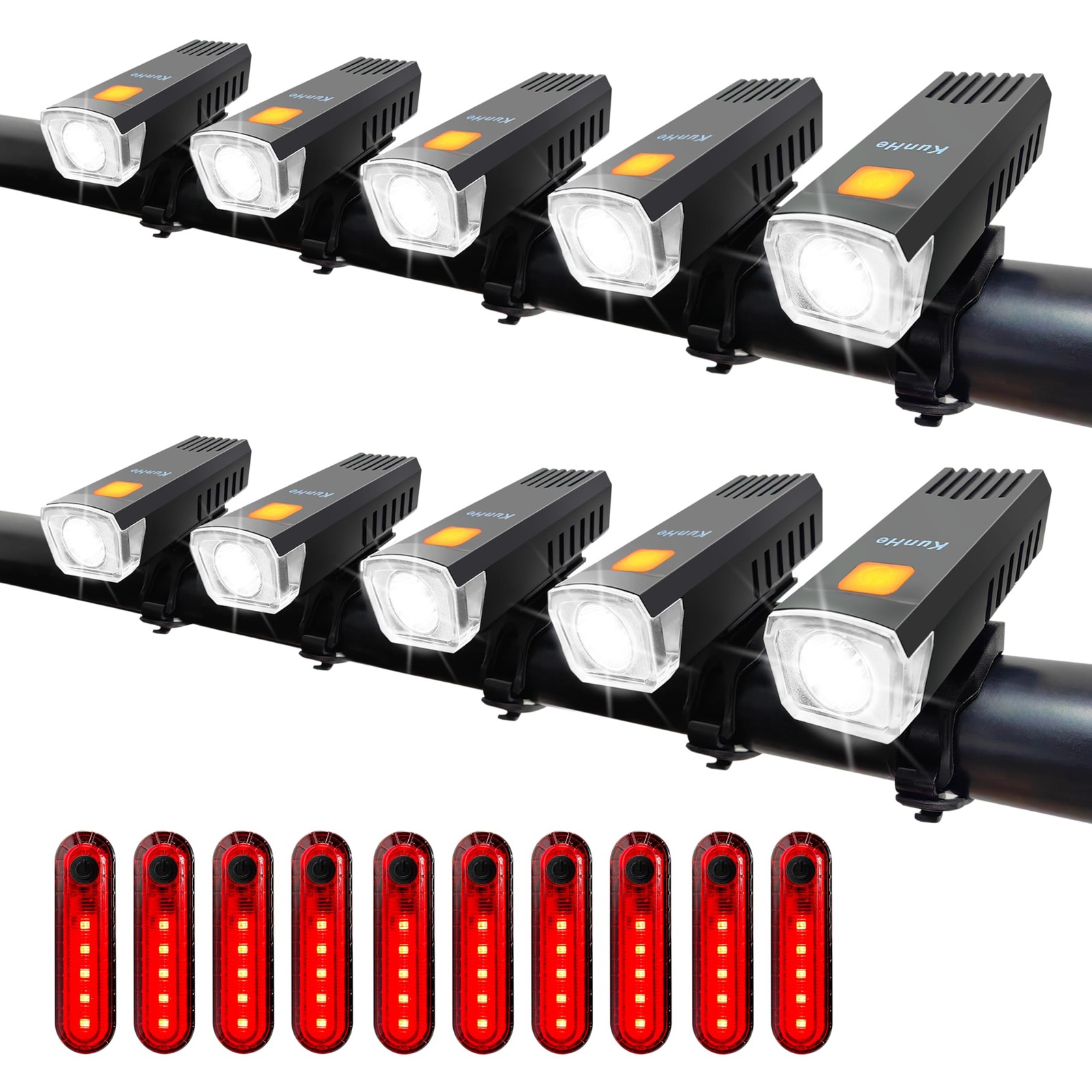 KUNHE 20 Pack USB-C Rechargeable Bike Lights Bulk for Night 10Set, black