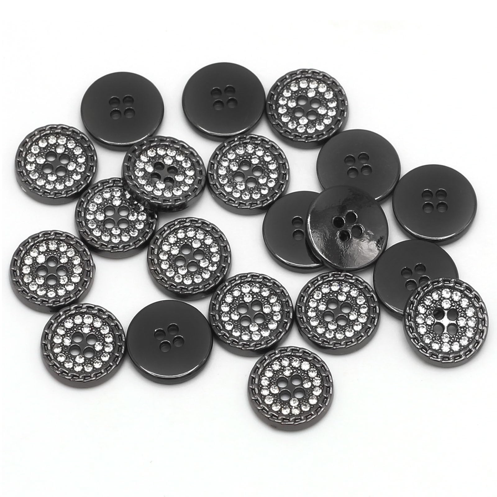 Betoplin 20 PCS Metal Shirt Buttons, 11mm 4 Holes Rhinestone 11mm, Gun Black
