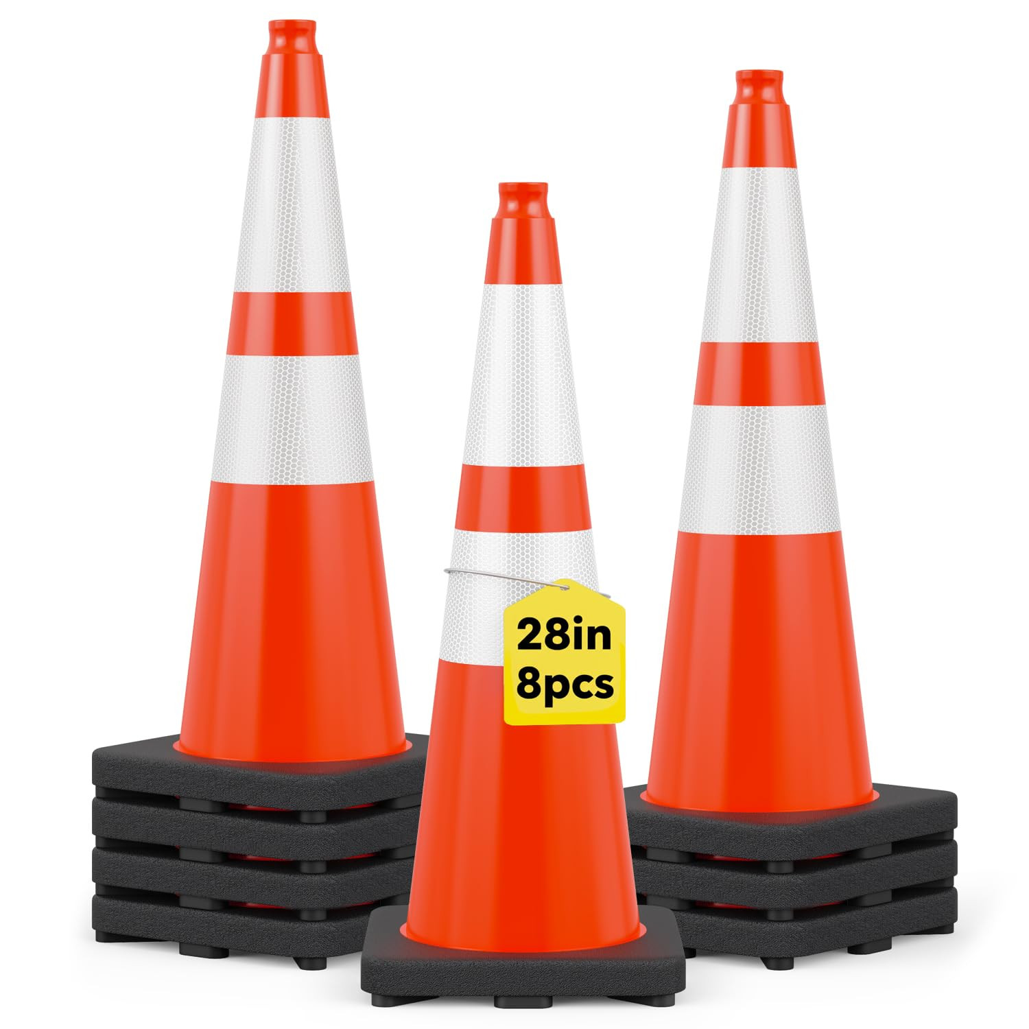 Higiant 8 Pack 28" Traffic Cones with Weighted Base, Orange | Reflective Strip A
