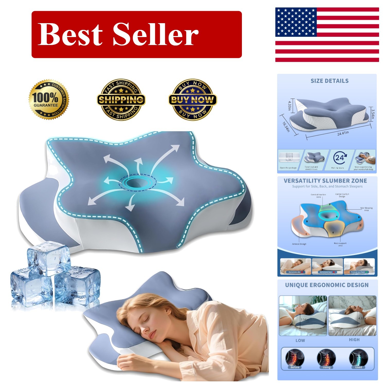 Cozyplayer Effective Pain Relief Cervical Neck Pillow for Sleeping, Ergonomic Co