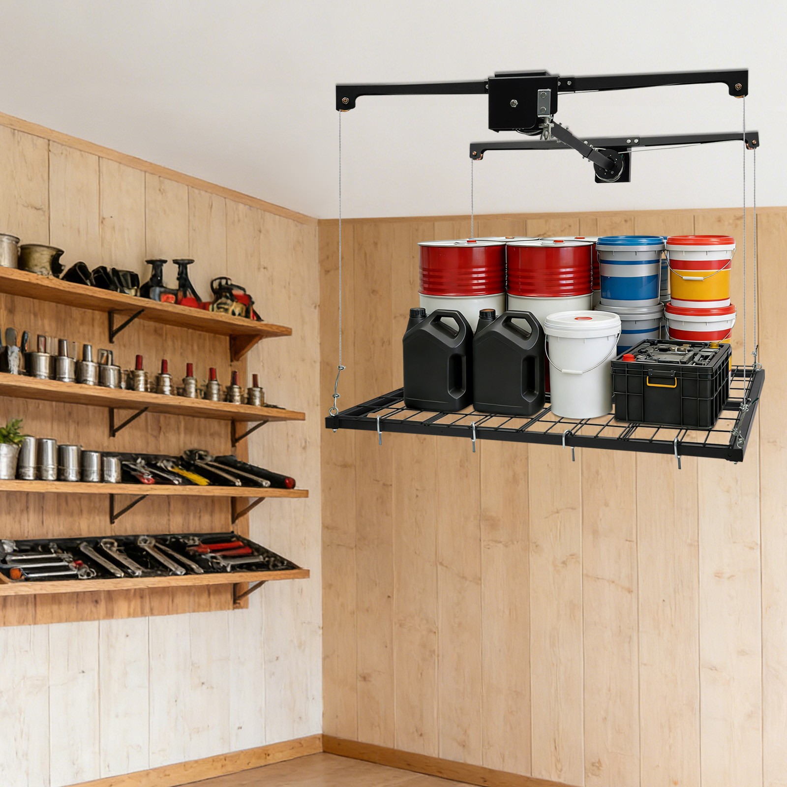 Overhead Adjustable Height Garage Lifting Storage Steel Rack Organization Unit