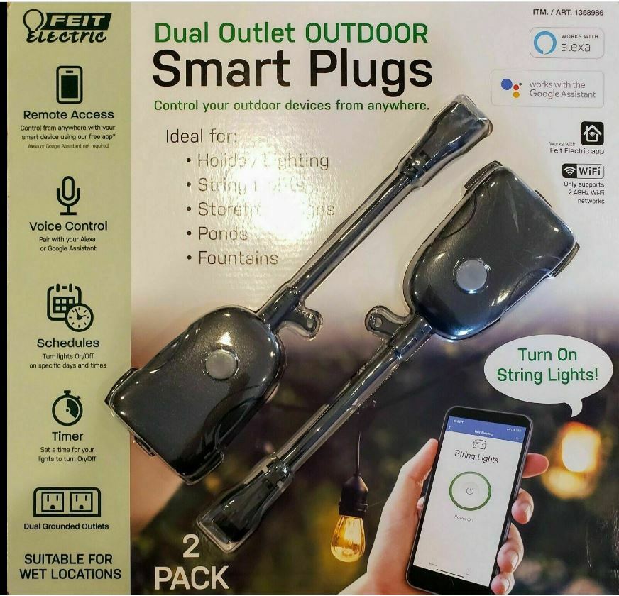 2 PK Feit Electric Wi-Fi Smart Outdoor Plug with Dual Outlets