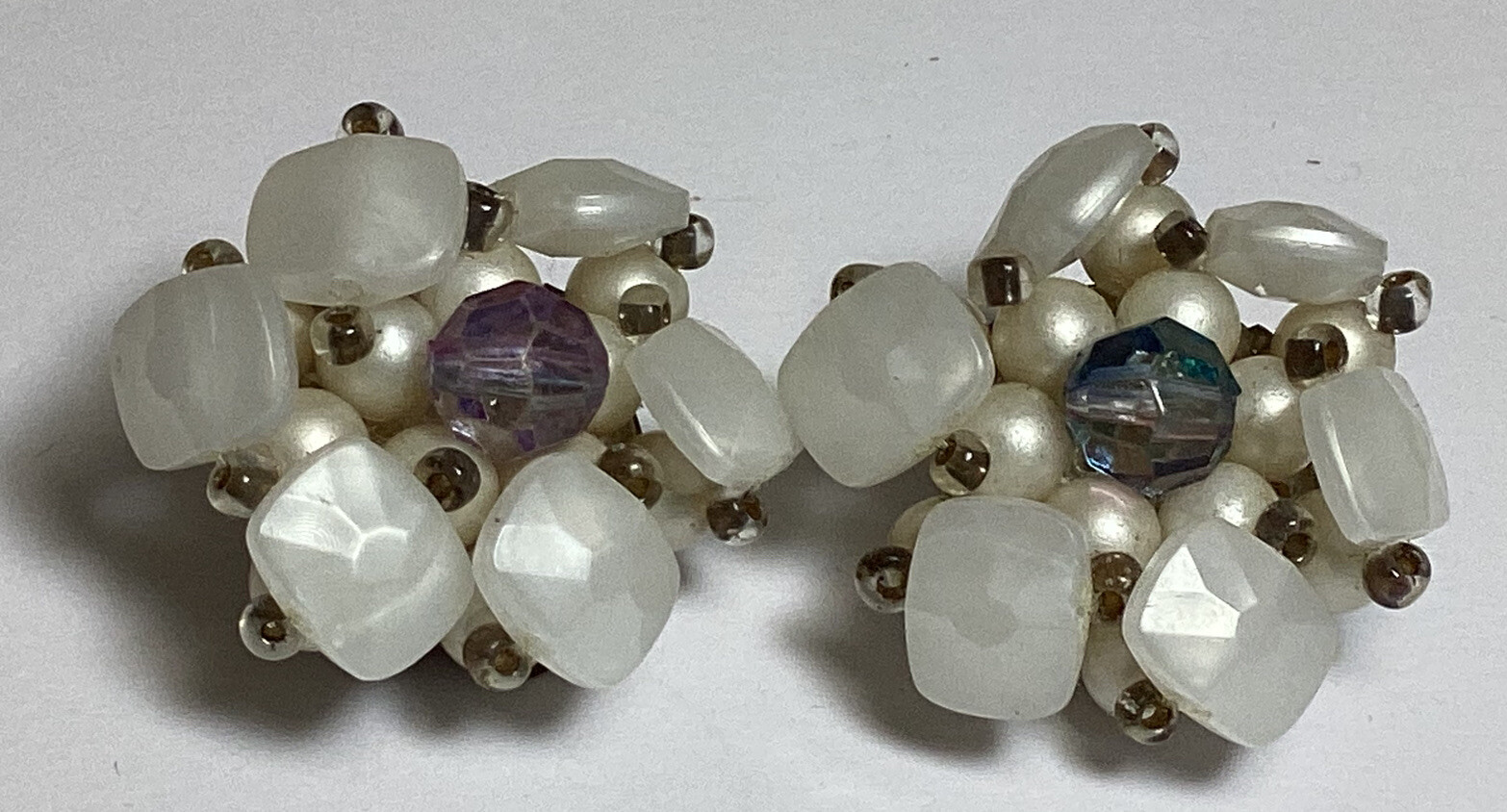 BEADED CLUSTER CLIP-ON EARRINGS WHITE W/AB RHINESTONE CENTERS MADE IN GERMANY