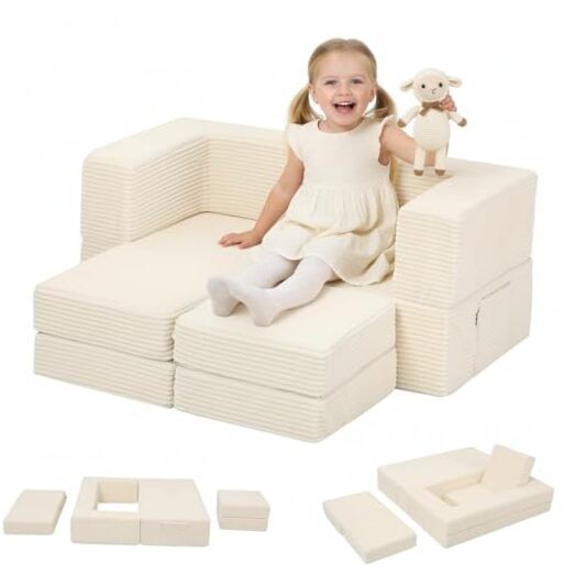 Modular Kids Couch Play Toddler Couch for Bedroom Playroom Corduroy Beige