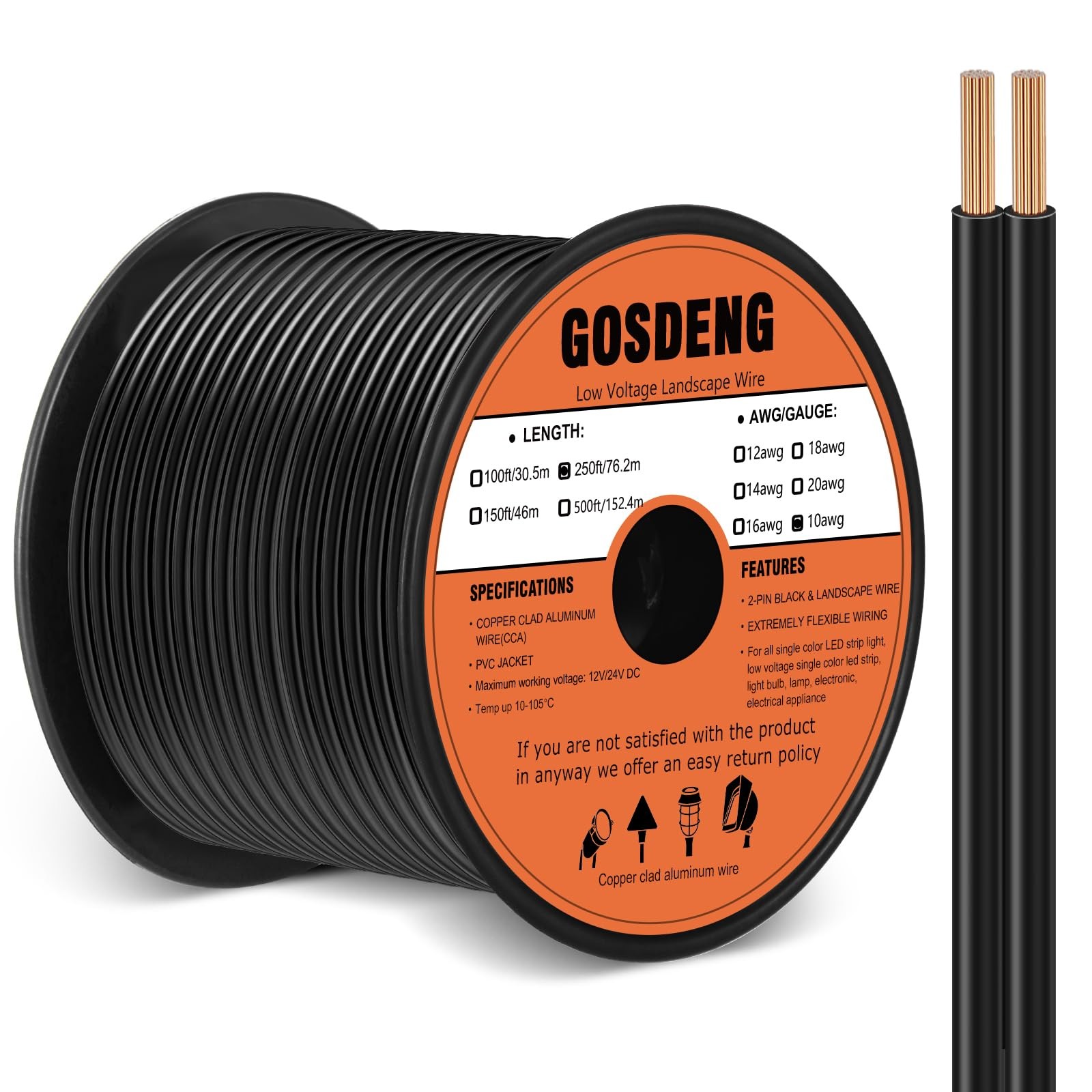 GOSDENG 10/2 Low Voltage Landscape Wire 250FT Outdoor Landscape Lighting Cabl...