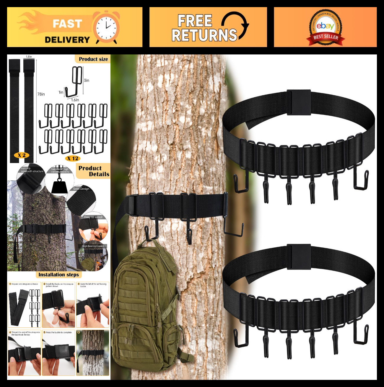 2 Pack Treestand Strap Gear Hangers with 12 Metal Hooks for Hunting Gear & Bow A