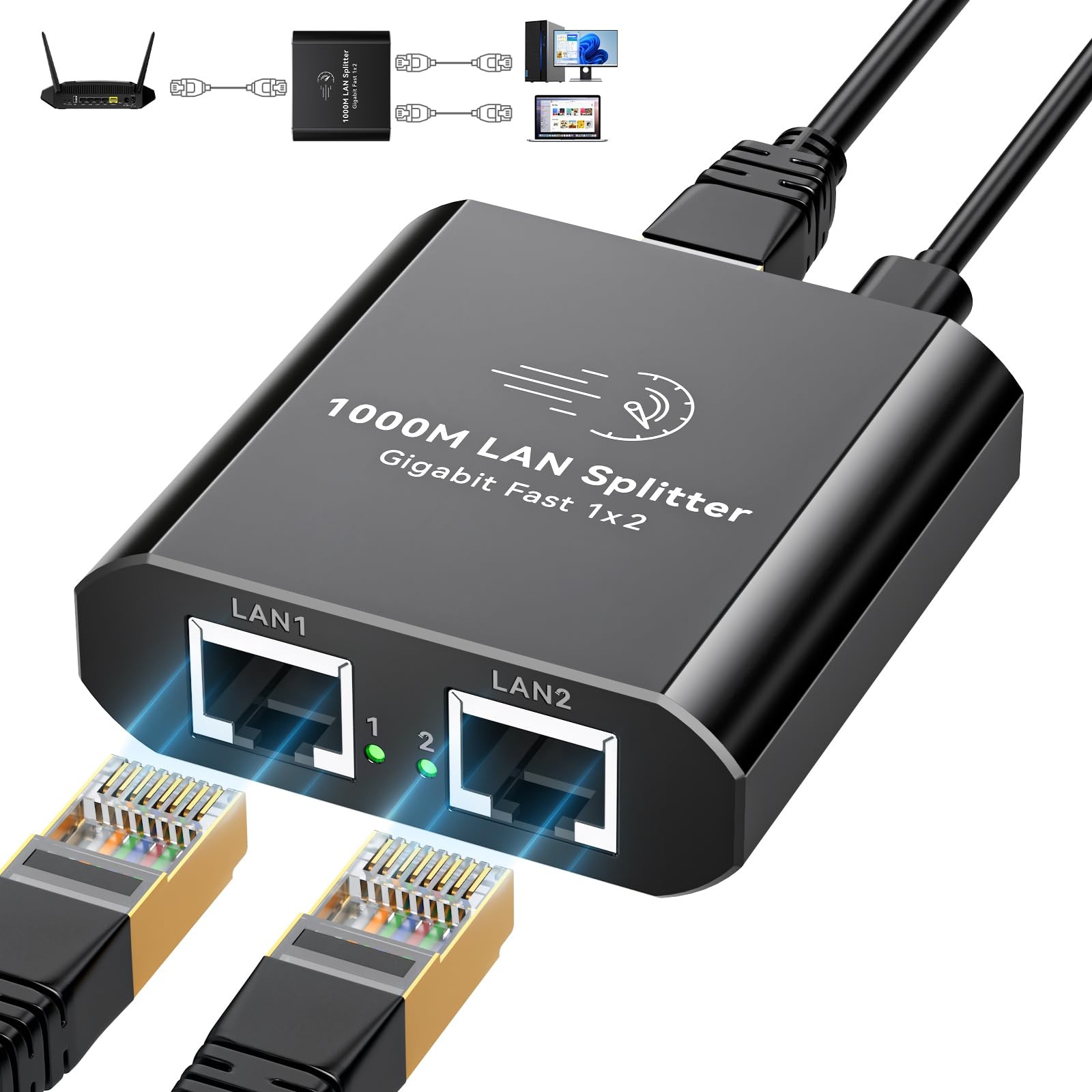 Ethernet Splitter 1 to 2 1000Mbps Internet Cable Splitter 1 in 2 Out High Spe...