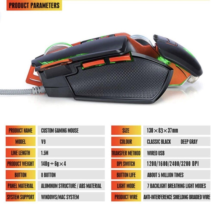 CNYMANY Gaming Mouse Wired V9 Removable Weights Breathing Light 3200 DPI