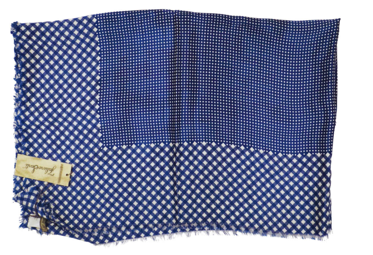 NWT FALERIO SARTI Navy & White Polka Dots w Check Print Silk Scarf 36"x36"