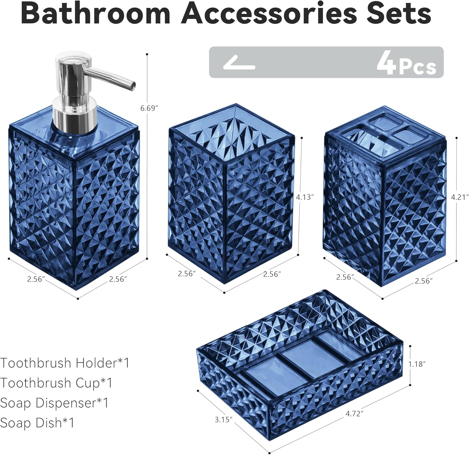 4-Piece Blue Bathroom Accessory Set with Soap Dispenser and Toothbrush Holder