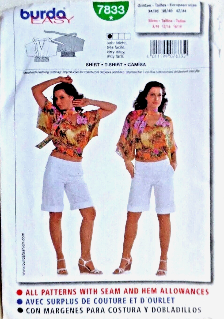 BURDA PATTERN 7833  T SHIRTS  MISSES SIZES 8 10 12 14 16 18  UNCUT