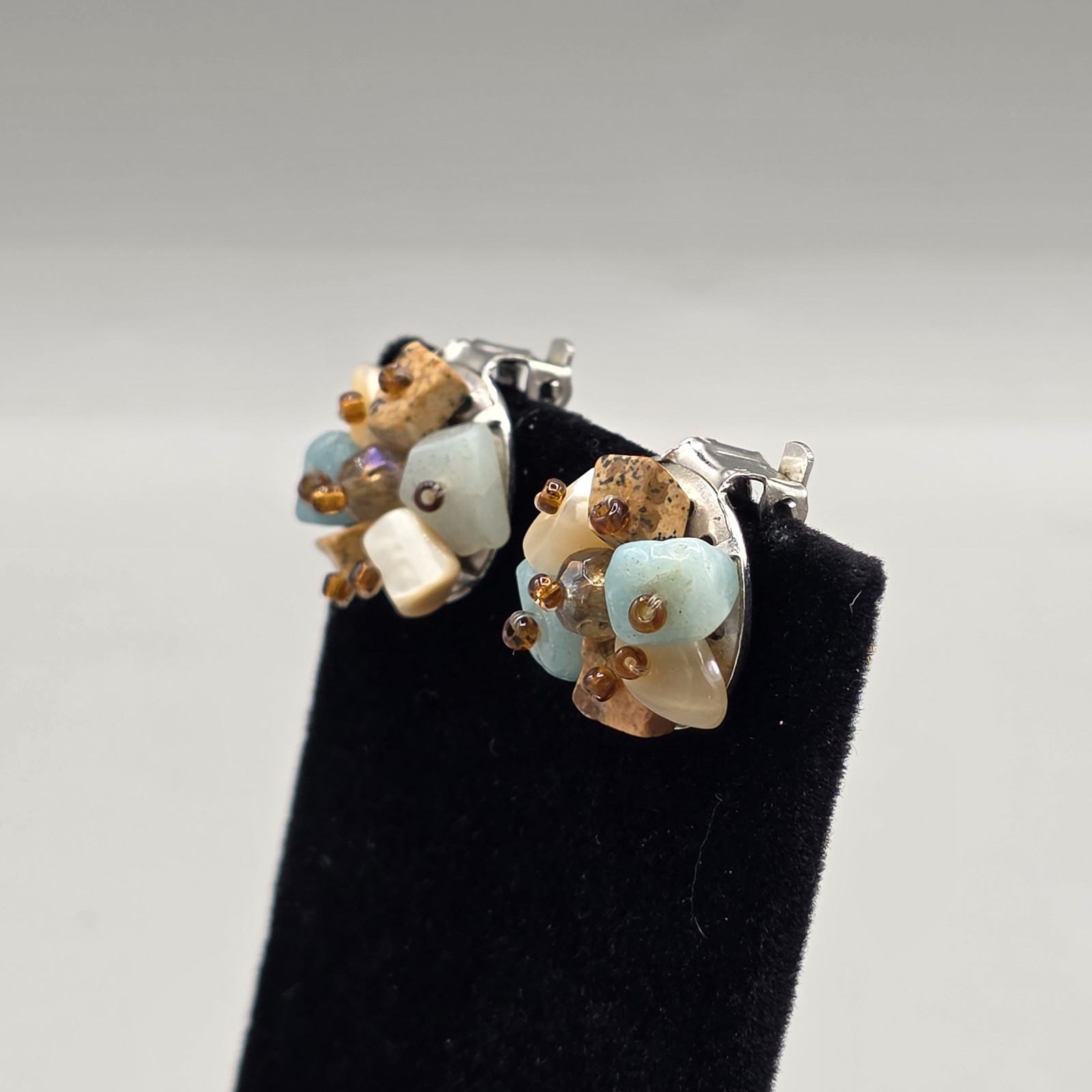Vintage Multi Stone Bead Cluster Clip-On Silver Tone Earrings