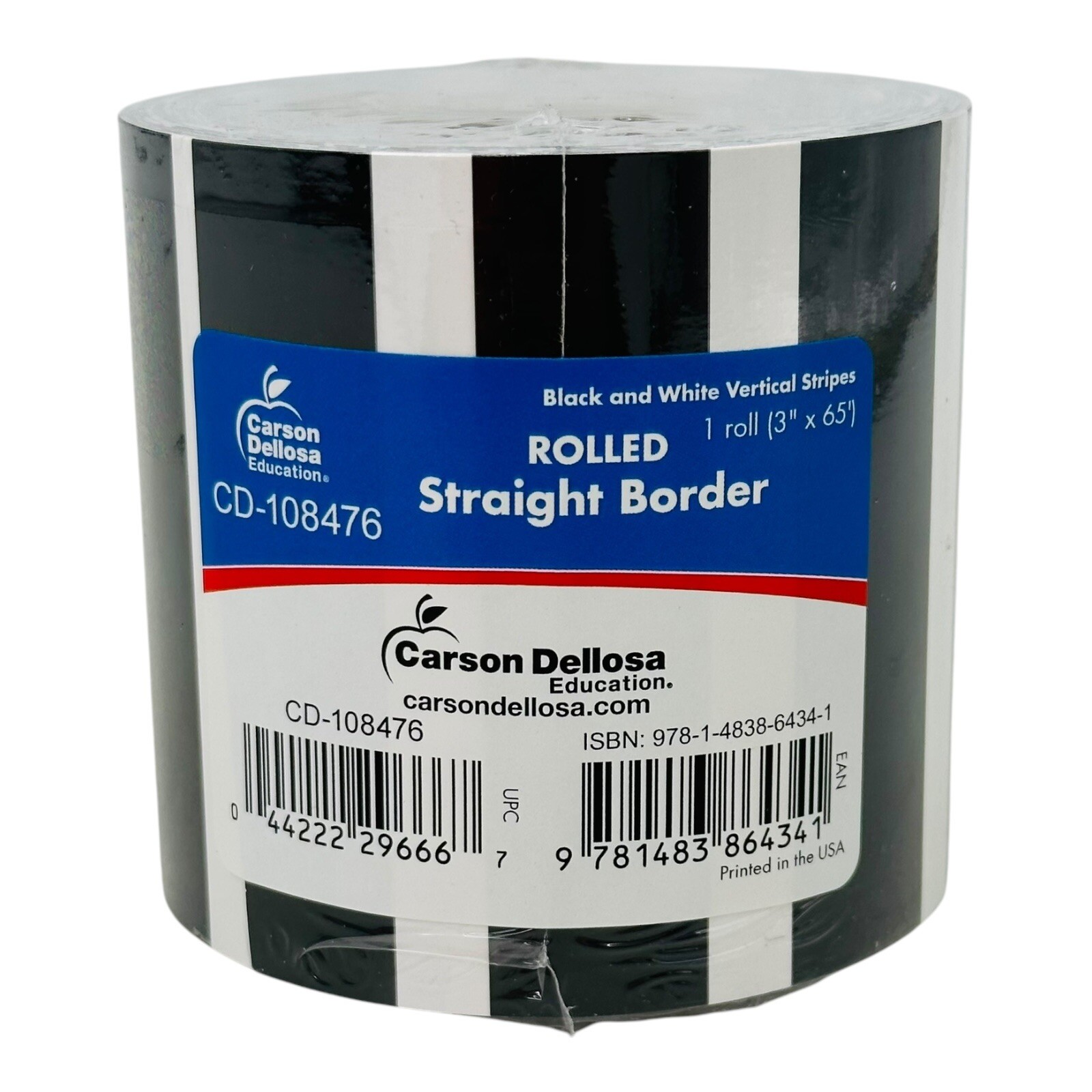 1 Roll Straight Edge Boarder 3" x 65' Black & White Vertical Stripe Rolled