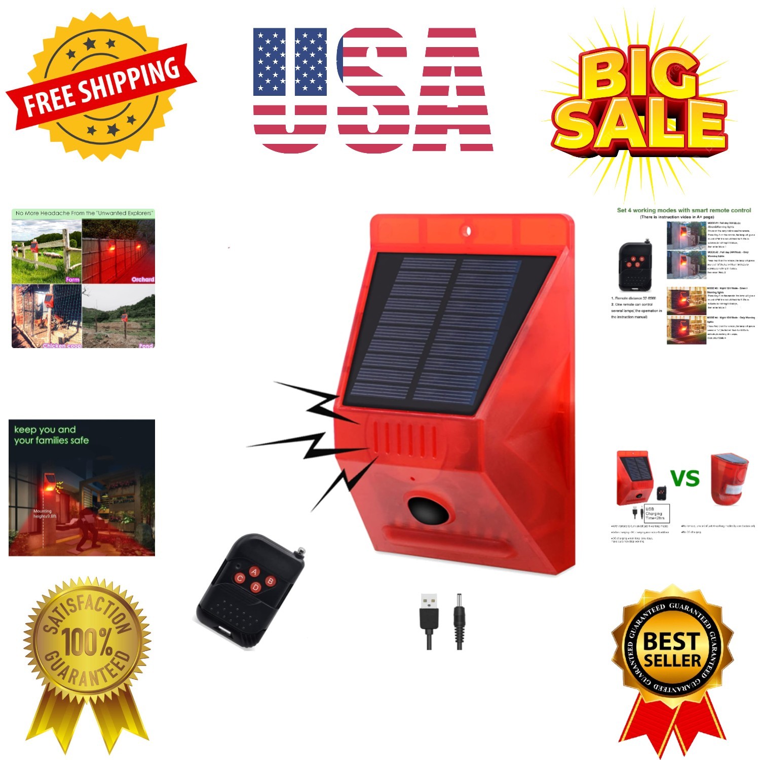 Solar Outdoor Motion Sensor Alarm-129db Loud Siren Lamp Noise Maker, 4 Workin...