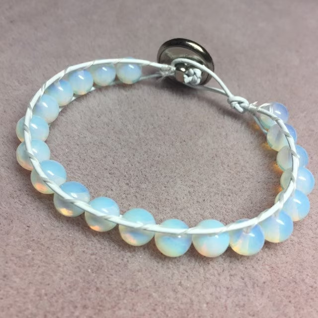 HANDMADE Moonstone Bracelet 8” Single Leather Wrap Bracelet Opalite