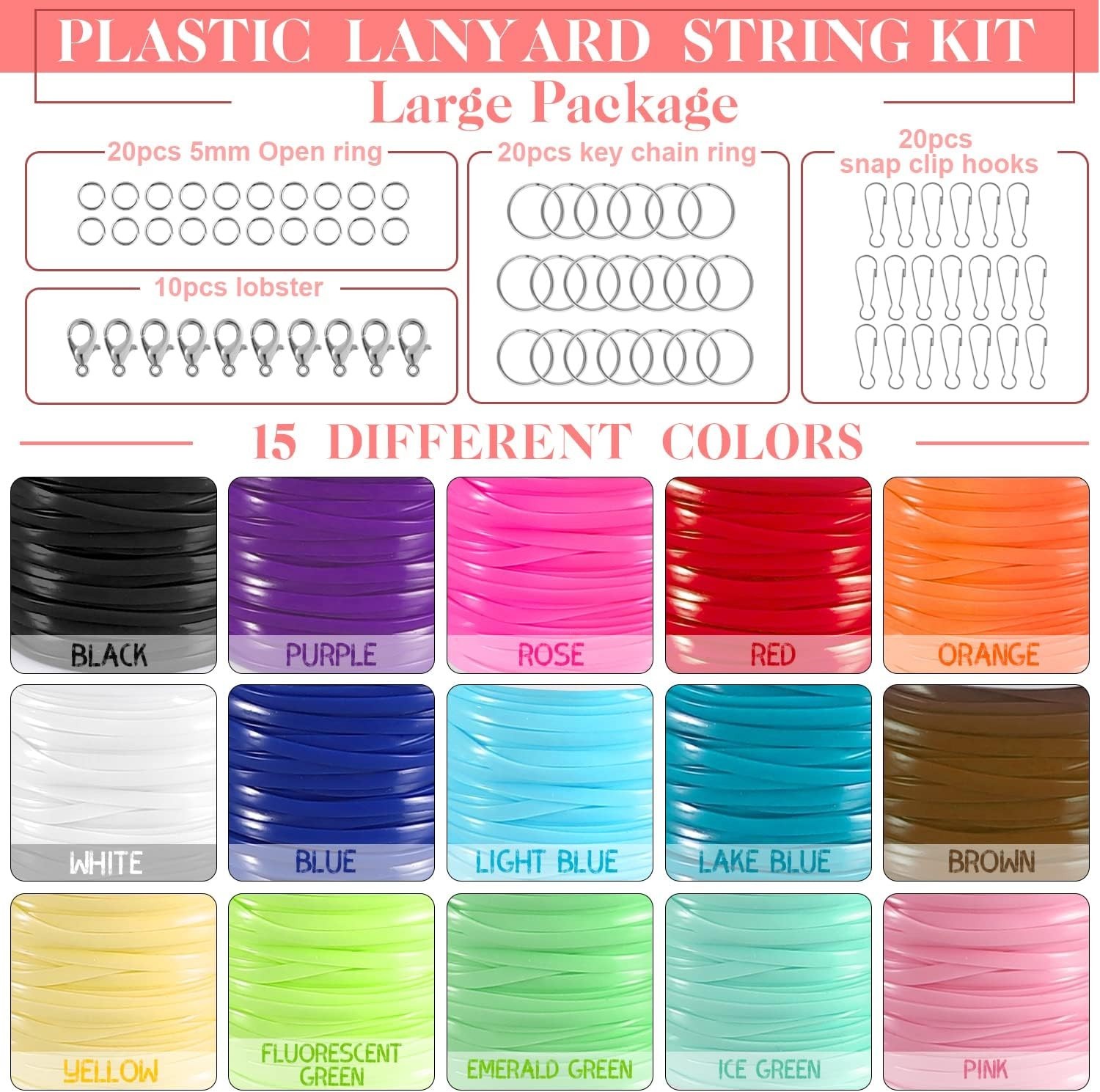 KAMJUNTAR Lanyard String,15 Rolls Gimp String Plastic Lacing Cord Plastic St...