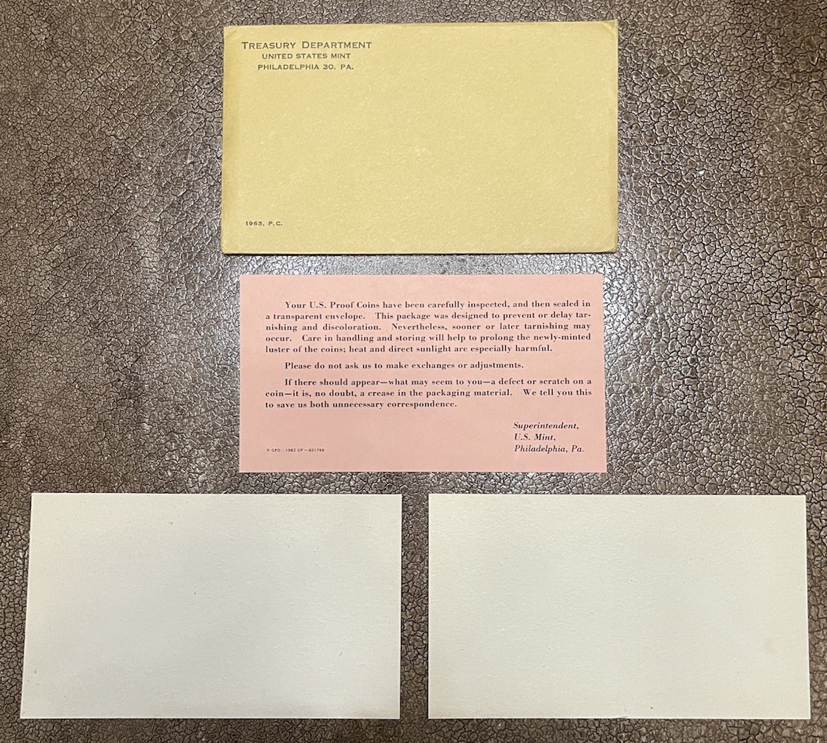 1963 US Mint Proof Coins Set Envelope - No Coins