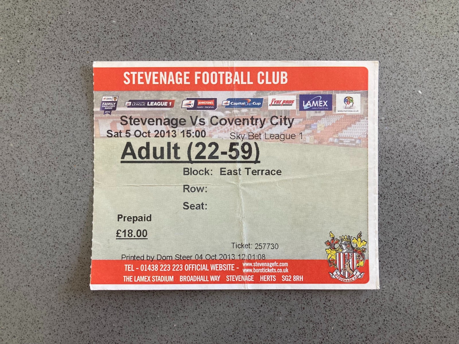 Stevenage v Coventry City 2013-14 Match Ticket