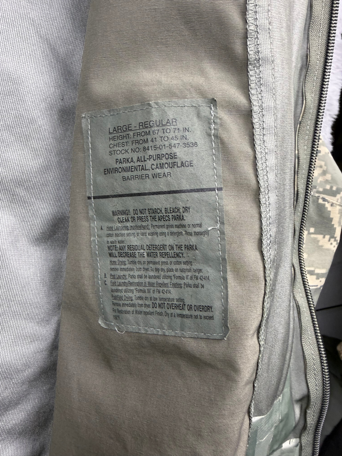 USAF Air Force Jacket Large Regular Parka All Purpse Tiger Stripe Gortex Barrier
