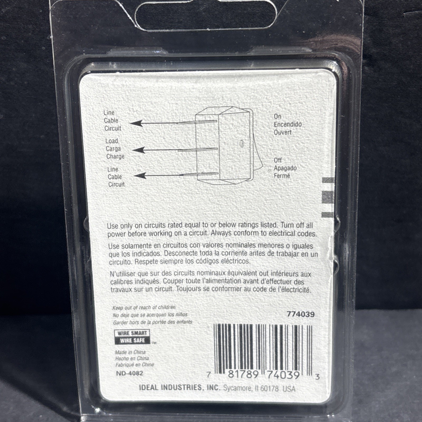 3- IDEAL 774039, Rocker Switch, SPST On-Off, Spade, Red Lighted Push In Mounting