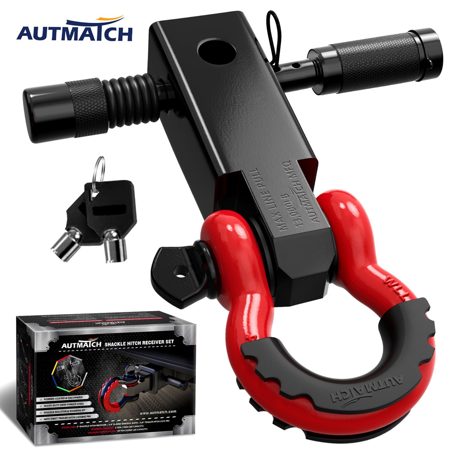 AUTMATCH 2" Shackle Hitch Receiver & D Ring Shackle Off-Road Recovery, Red